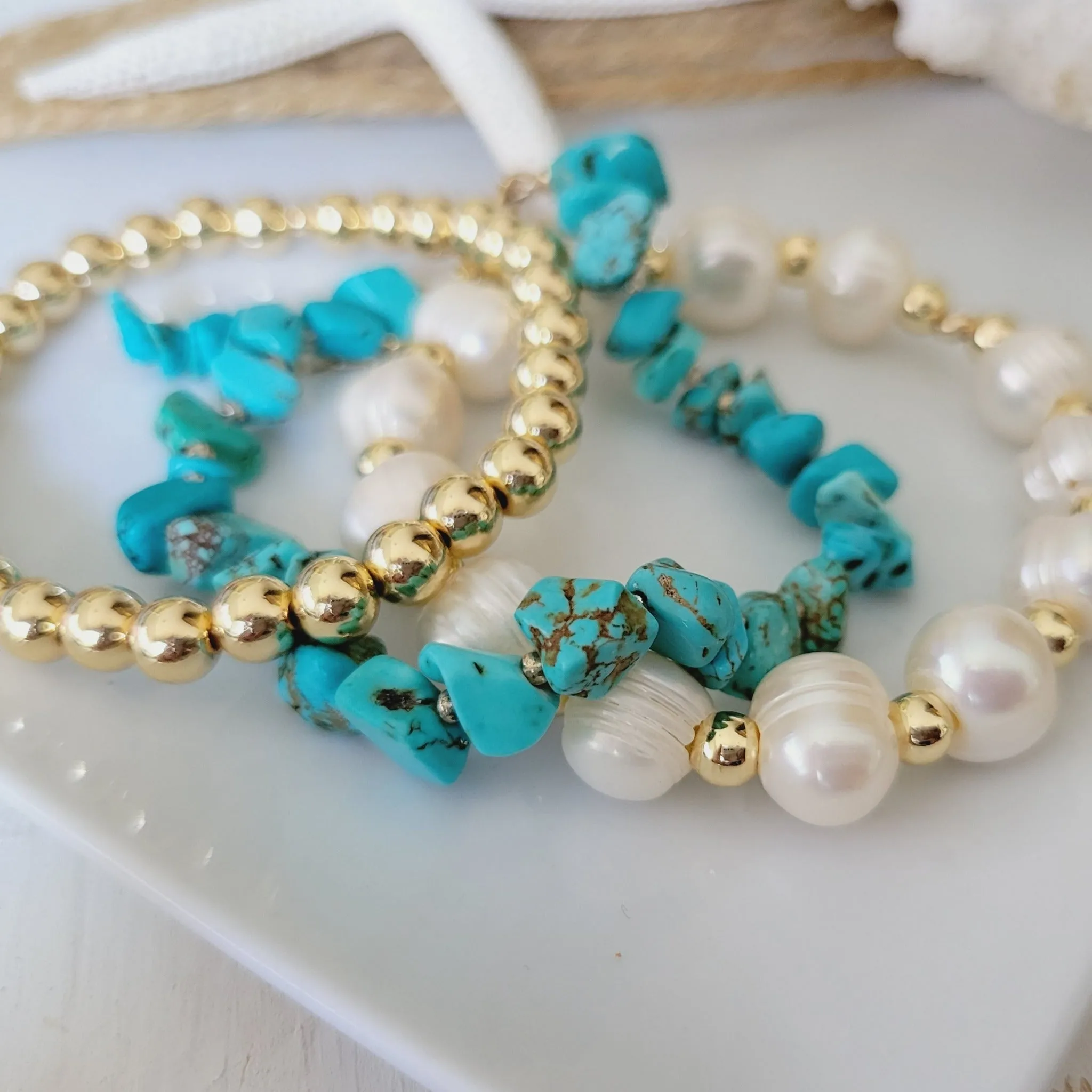 Real Turquoise and 14kt Gold Beaded Necklace, Bracelet, Earrings, or Set