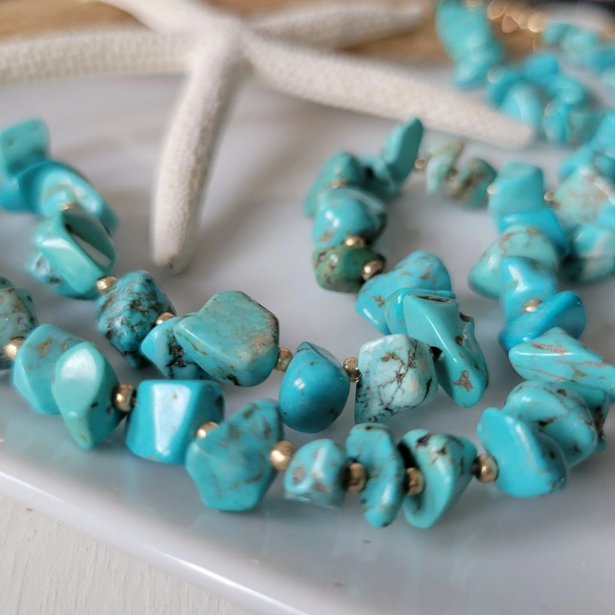 Real Turquoise and 14kt Gold Beaded Necklace, Bracelet, Earrings, or Set