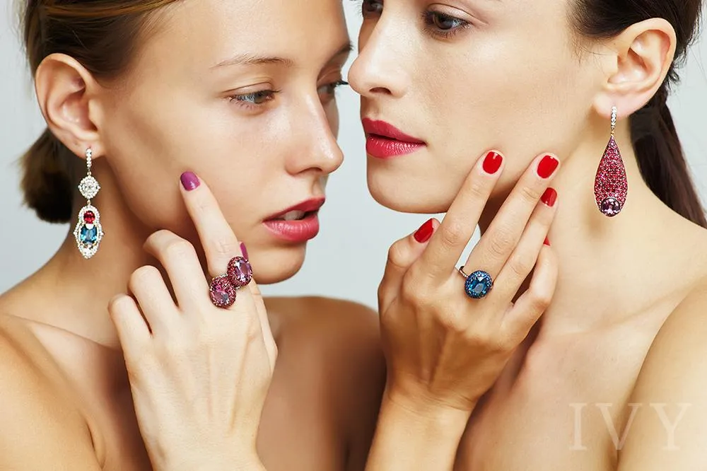 Red & Blue Spinel and Diamond Tricolore Earrings