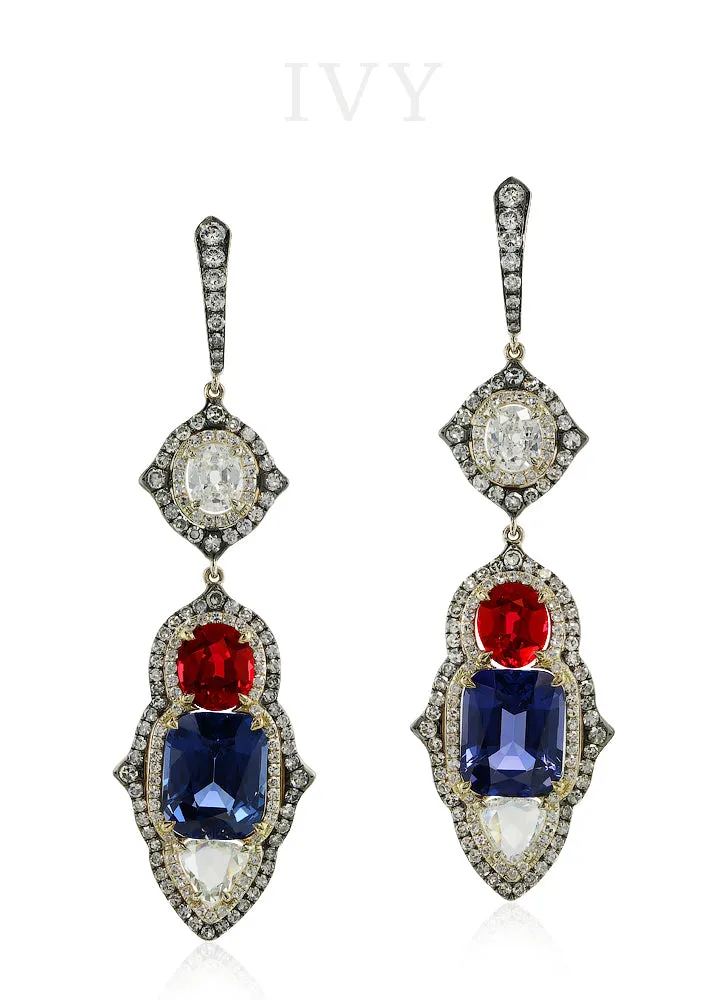 Red & Blue Spinel and Diamond Tricolore Earrings