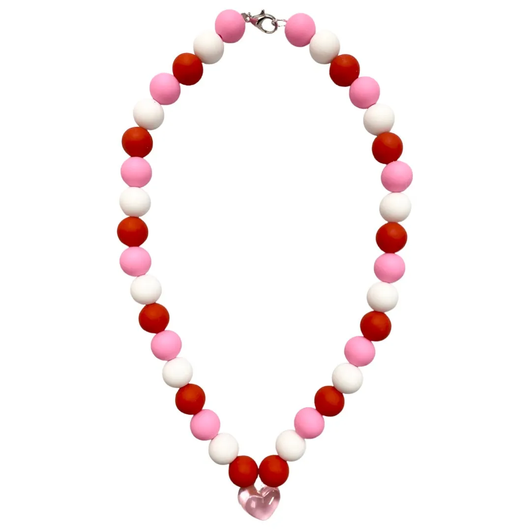 Red & Pink Silicone Beaded Necklace - Pink Heart