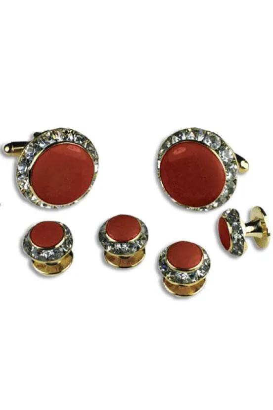 Red Enamel Rhinestones Border Studs and Cufflinks Set