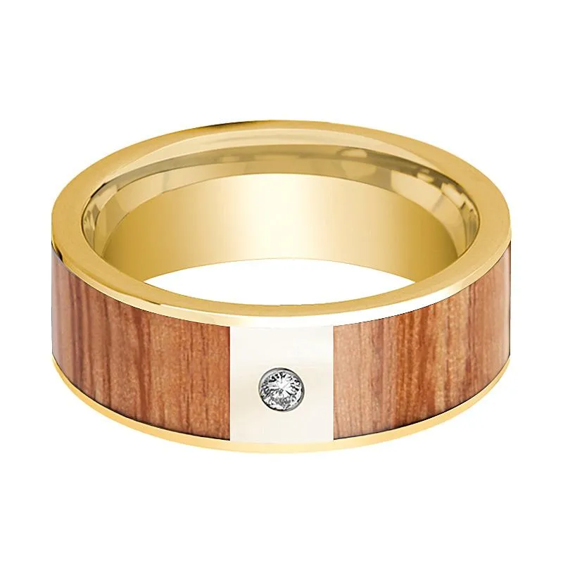 Red Oak Wood Inlaid 14k Yellow Gold Men's Wedding Band with Diamond in Center - 8MM