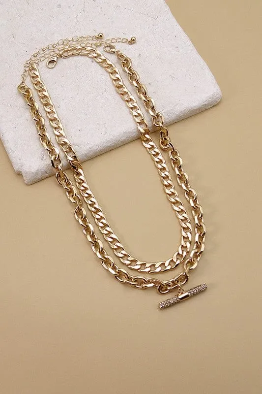 Rhinestone Bar Chunky Double Layer Necklace-Gold