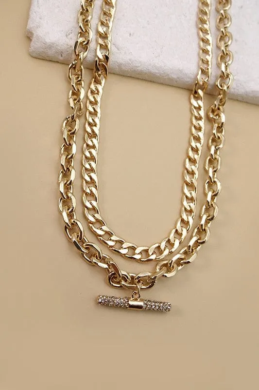 Rhinestone Bar Chunky Double Layer Necklace-Gold