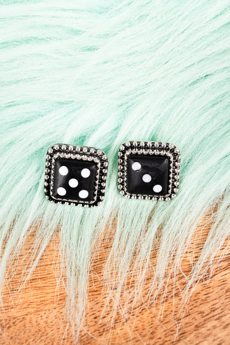 Roll The Dice Black Silvertone Earrings