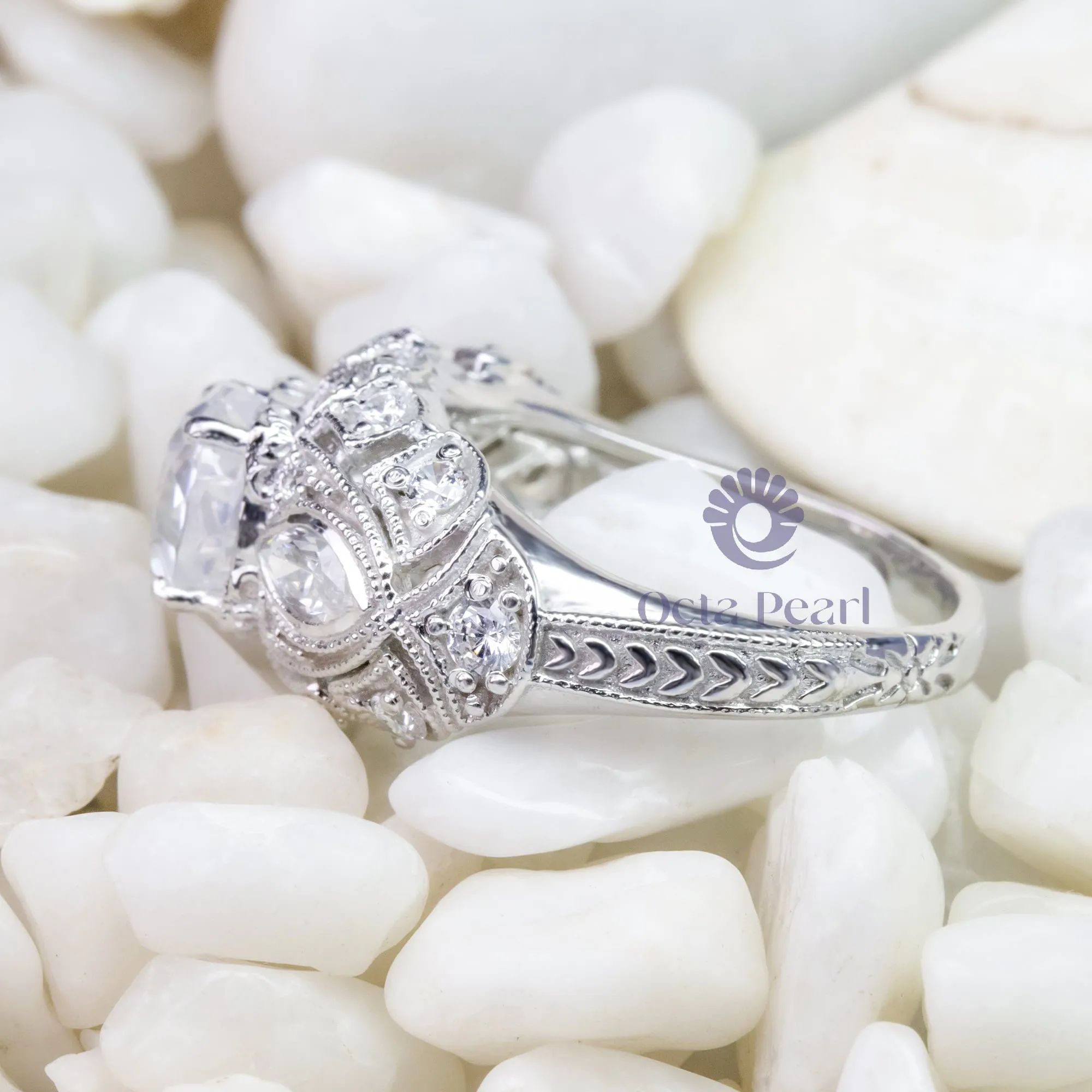 Round &  Marquise Cut CZ Stone Bezel Set Milgrain Art Deco Filigree Engagement Ring