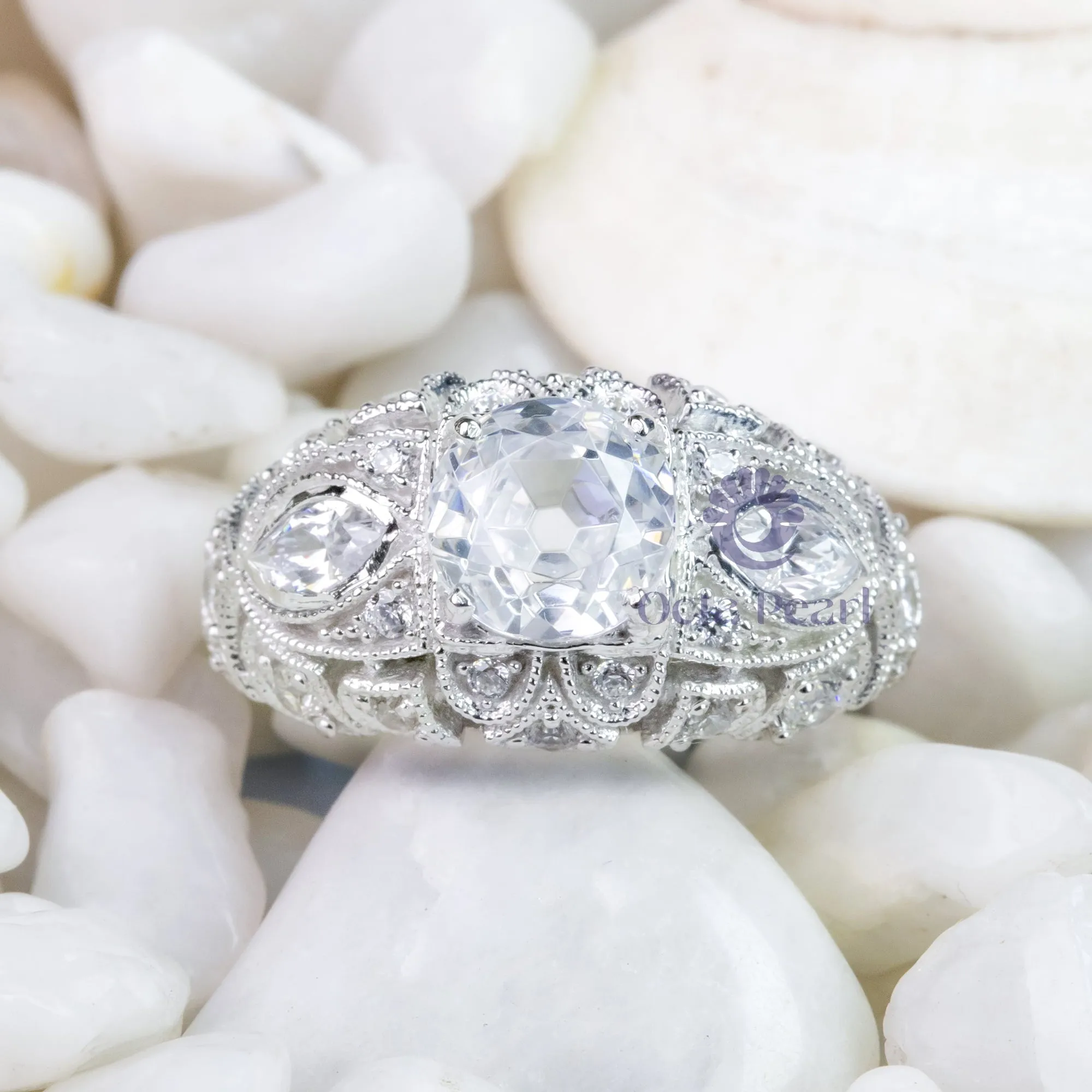 Round &  Marquise Cut CZ Stone Bezel Set Milgrain Art Deco Filigree Engagement Ring