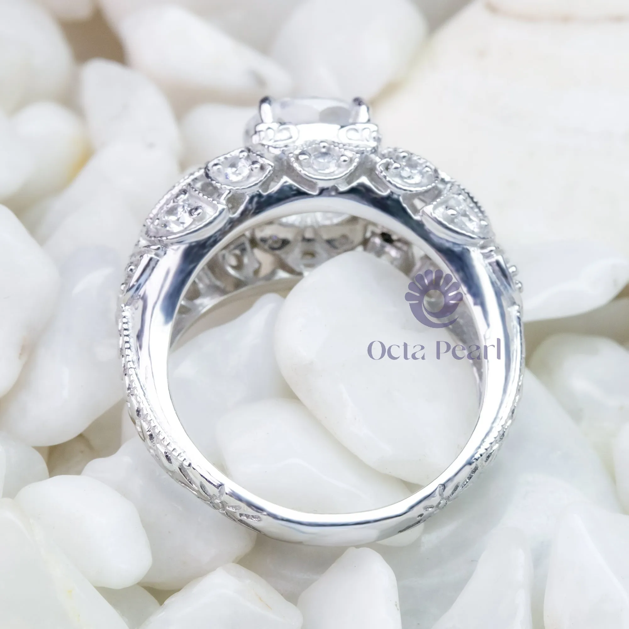 Round &  Marquise Cut CZ Stone Bezel Set Milgrain Art Deco Filigree Engagement Ring