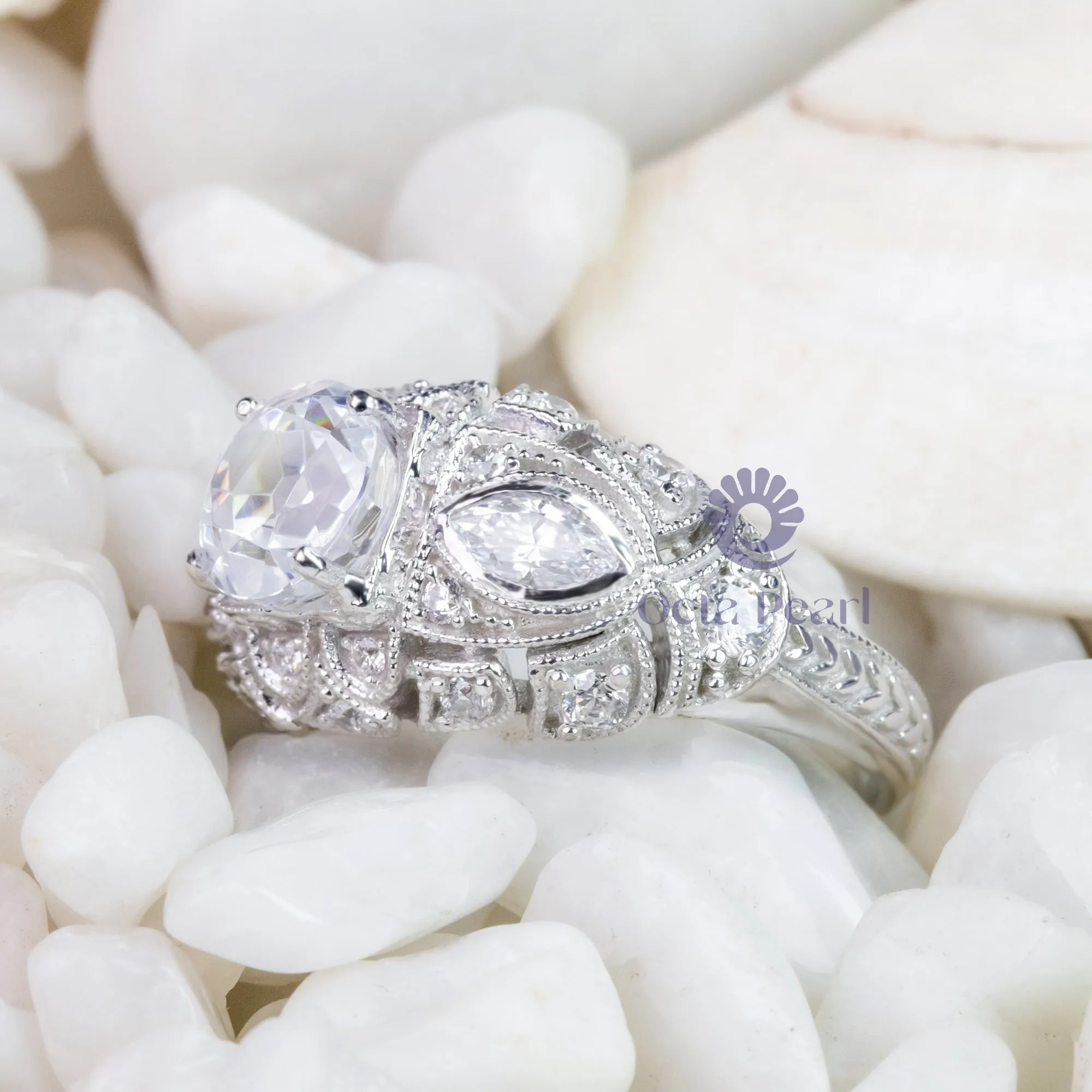 Round &  Marquise Cut CZ Stone Bezel Set Milgrain Art Deco Filigree Engagement Ring