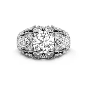 Round &  Marquise Cut CZ Stone Bezel Set Milgrain Art Deco Filigree Engagement Ring