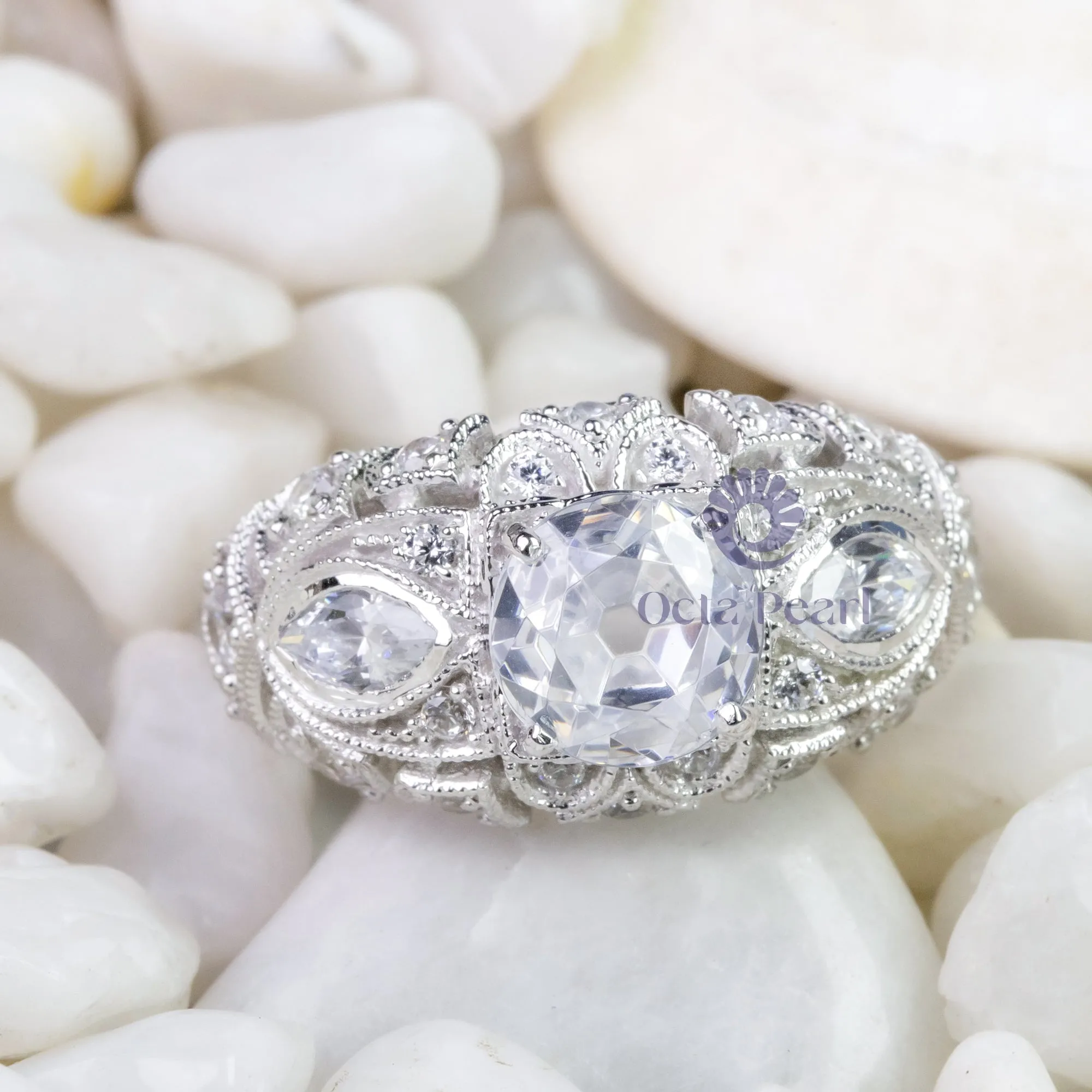 Round &  Marquise Cut CZ Stone Bezel Set Milgrain Art Deco Filigree Engagement Ring