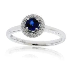 Round Blue Sapphire and Diamond Halo Ring