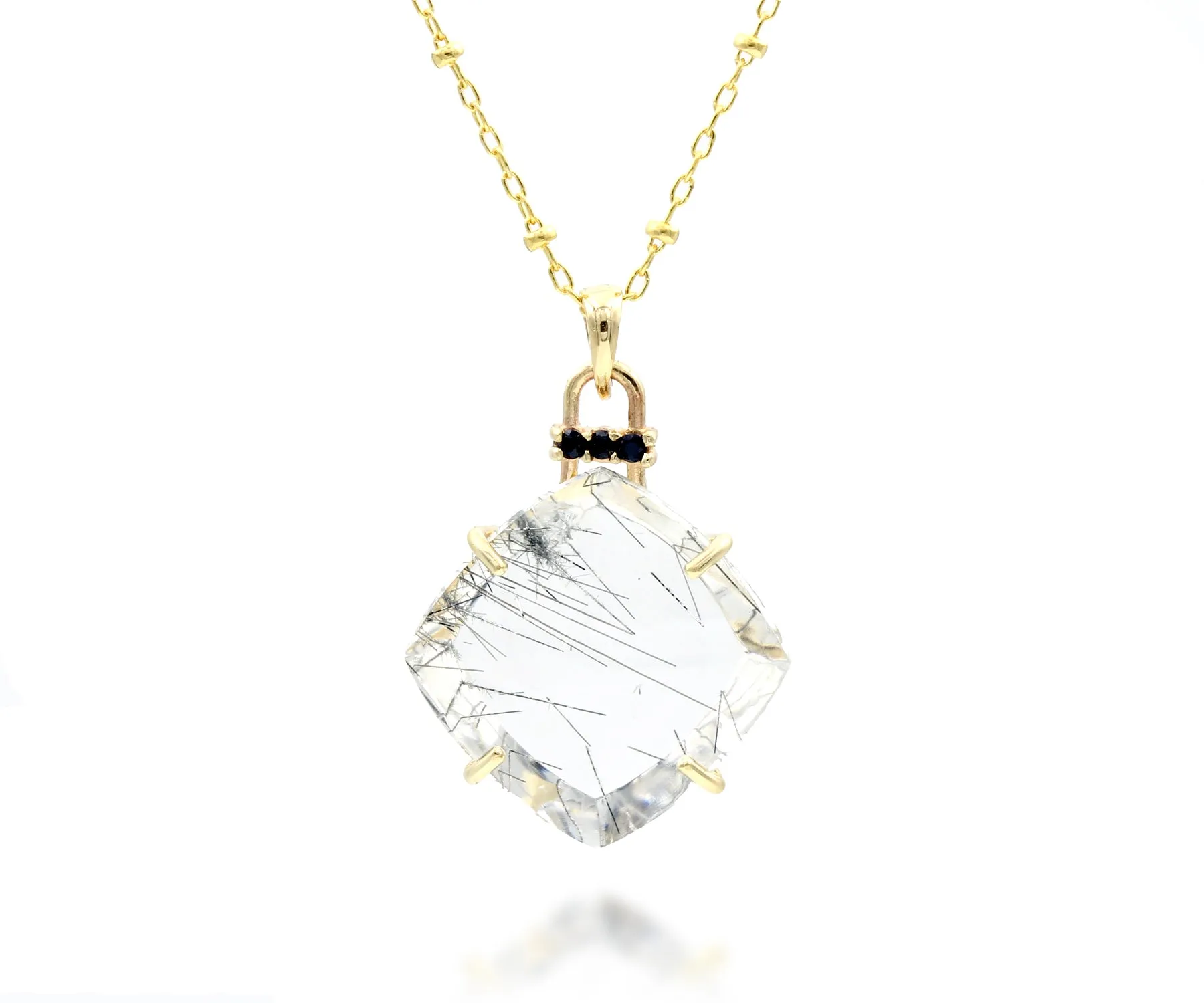 Rutilated Quartz Square Black Spinel Gold Necklace