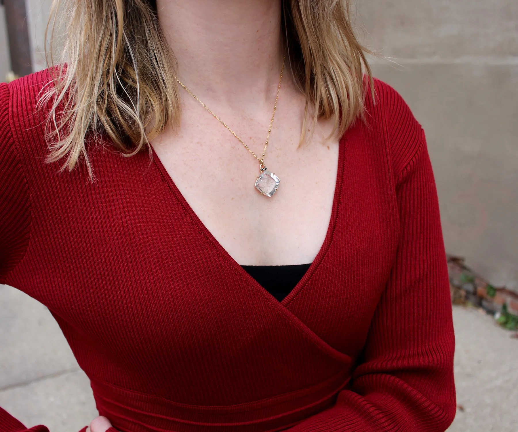 Rutilated Quartz Square Black Spinel Gold Necklace