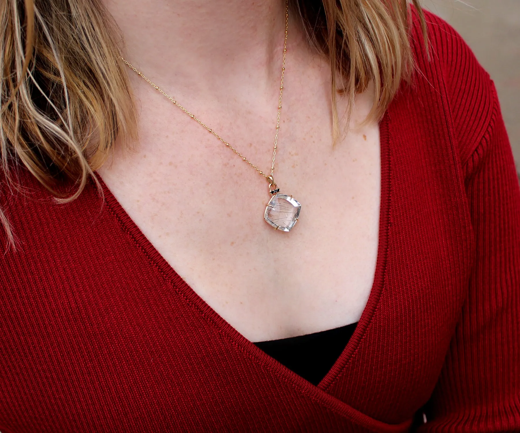 Rutilated Quartz Square Black Spinel Gold Necklace