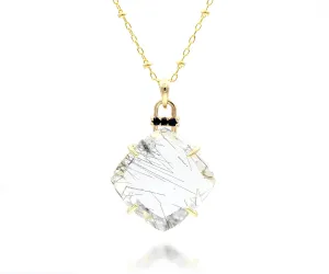 Rutilated Quartz Square Black Spinel Gold Necklace