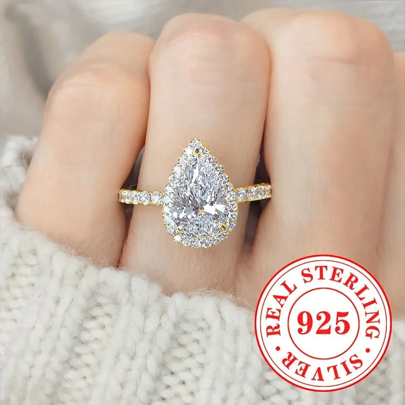 S925 Silver Engagement Ring Set w/Synthetic Zirconia Water Drop Wedding Ring