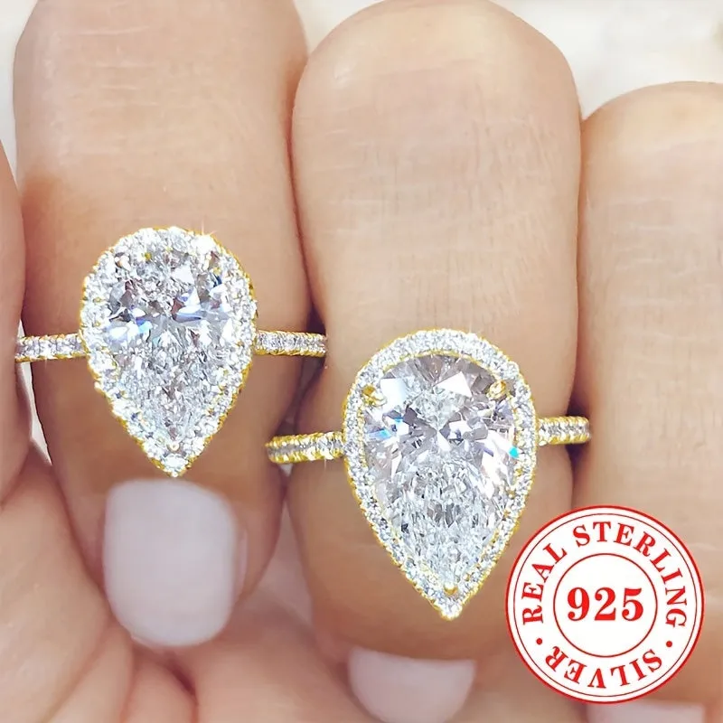 S925 Silver Engagement Ring Set w/Synthetic Zirconia Water Drop Wedding Ring