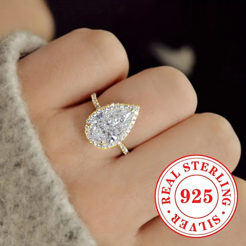 S925 Silver Engagement Ring Set w/Synthetic Zirconia Water Drop Wedding Ring