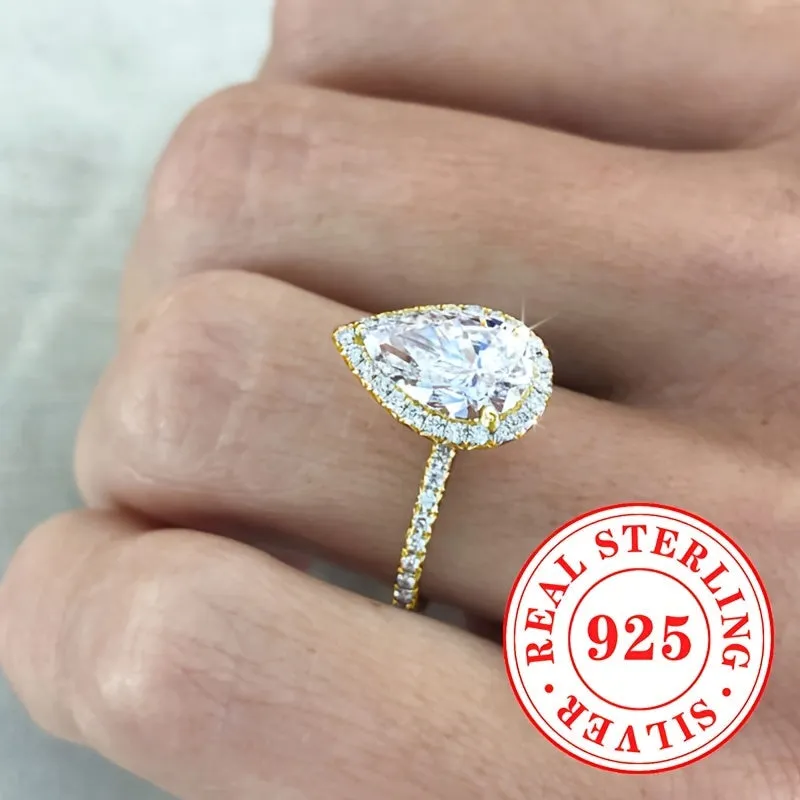 S925 Silver Engagement Ring Set w/Synthetic Zirconia Water Drop Wedding Ring