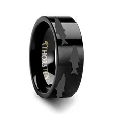 Salmon Fish Sea Pattern Print Flat Tungsten Wedding Band for Men and Women - 4MM - 12MM