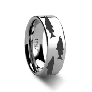 Salmon Fish Sea Pattern Print Flat Tungsten Wedding Band for Men and Women - 4MM - 12MM