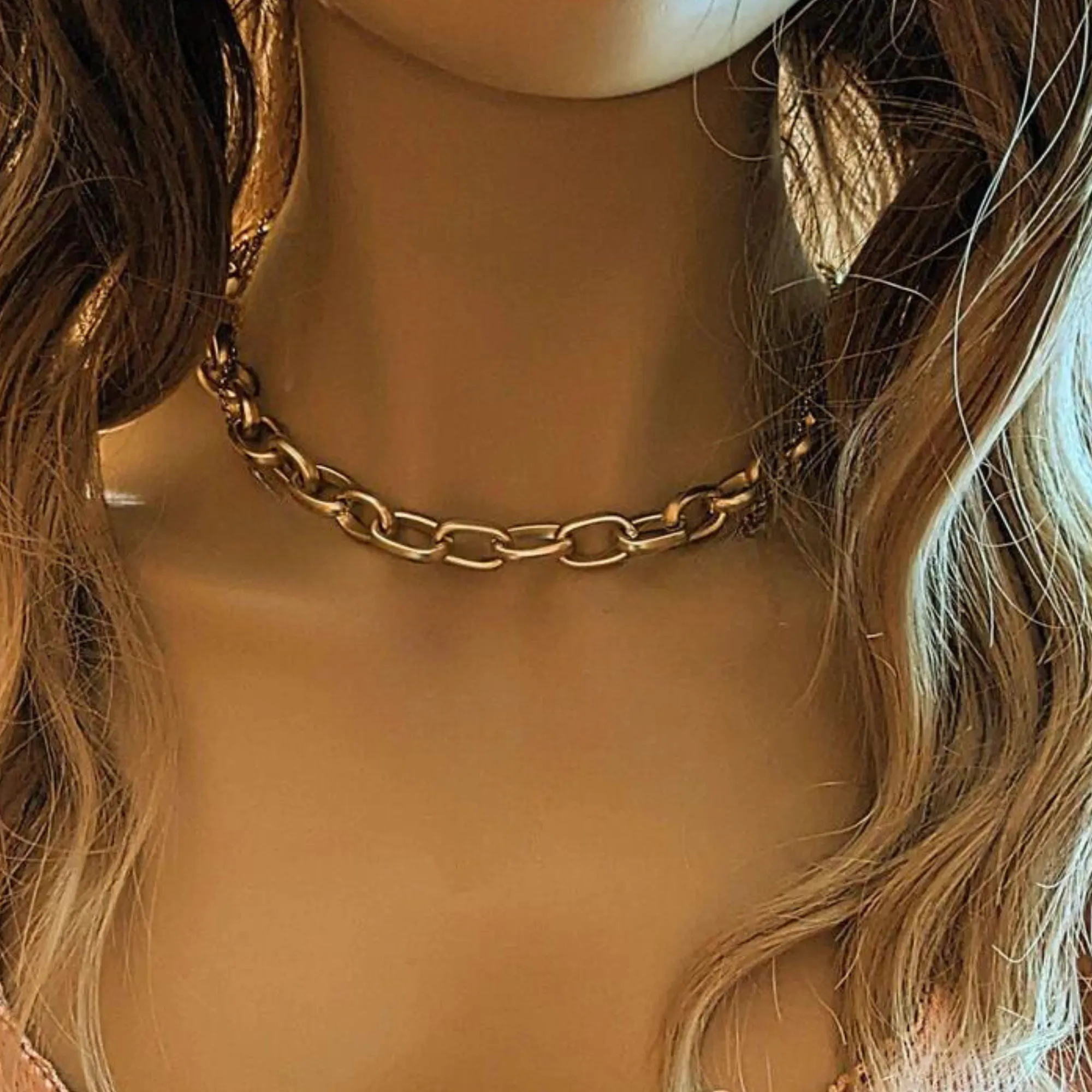 Shiny Gold Matte Oval Link Necklace, 18.5 inch