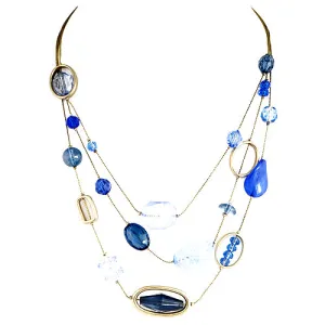 SILVER-BLUE  MULTI BEADS THREE-STRAND NECKLACE  #SC29965_GLD-BLU