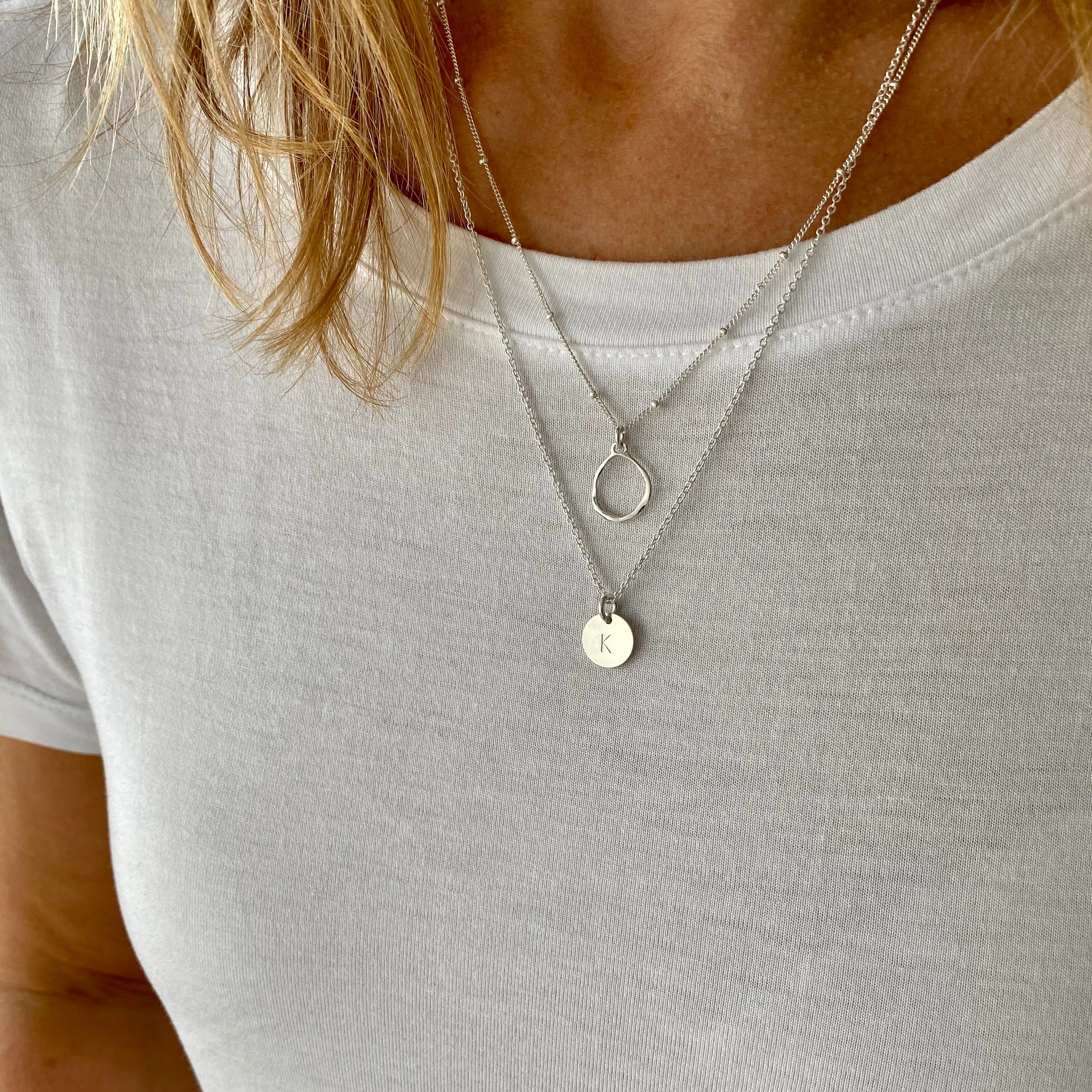 Silver Initial Disc Circle Necklace Set