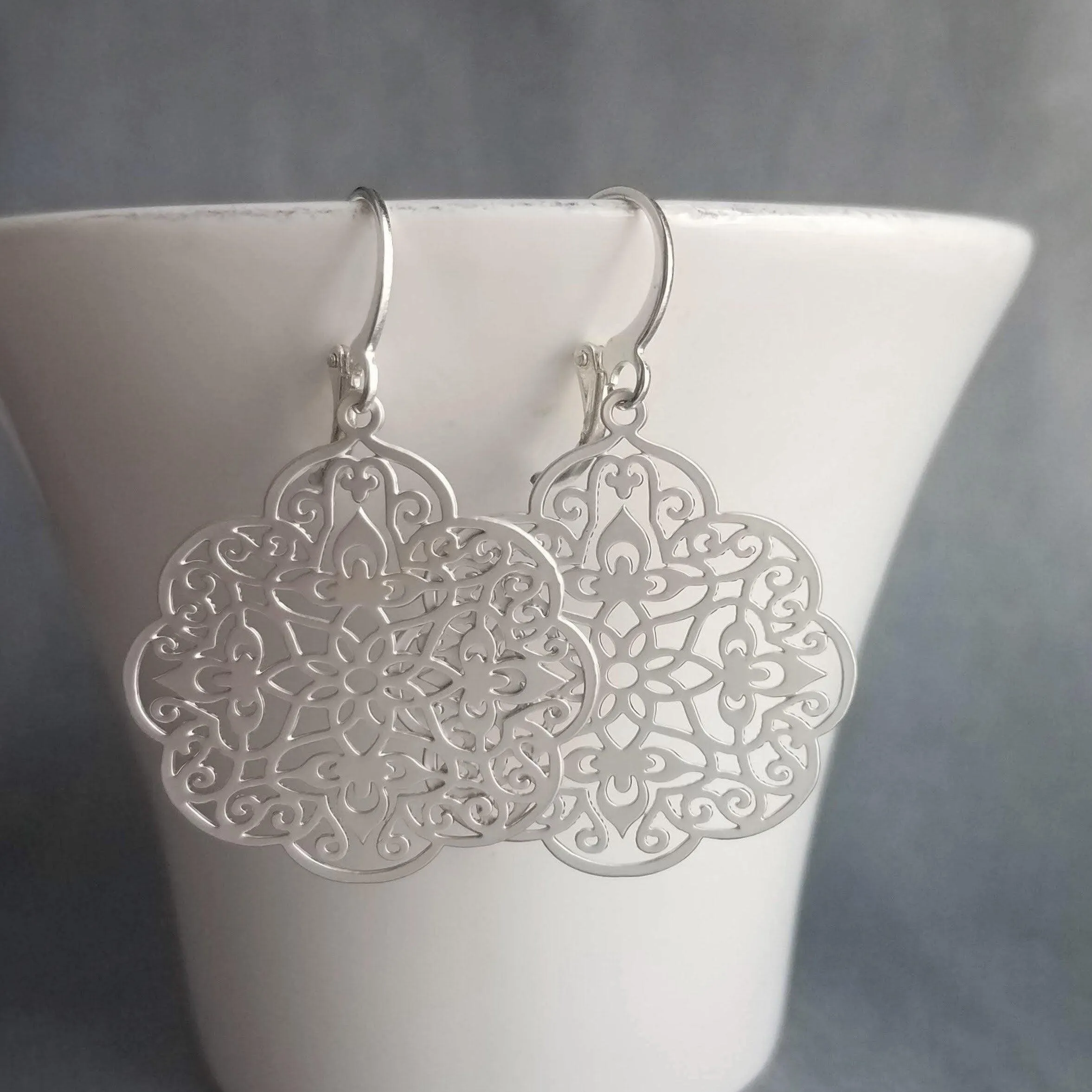 Silver Medallion Earrings, Morrocan earring, silver lacy earring, silver filigree earring, floral earring, cut out design, snap huggie hoop