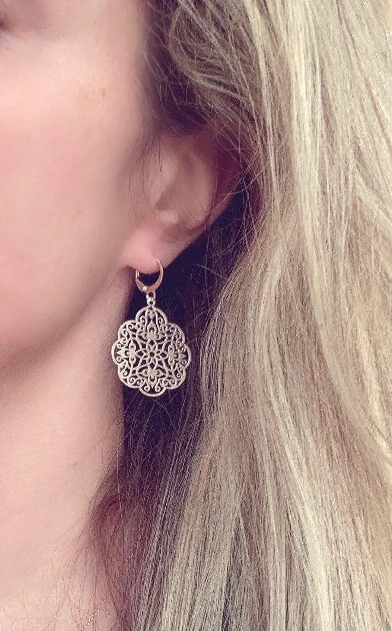 Silver Medallion Earrings, Morrocan earring, silver lacy earring, silver filigree earring, floral earring, cut out design, snap huggie hoop