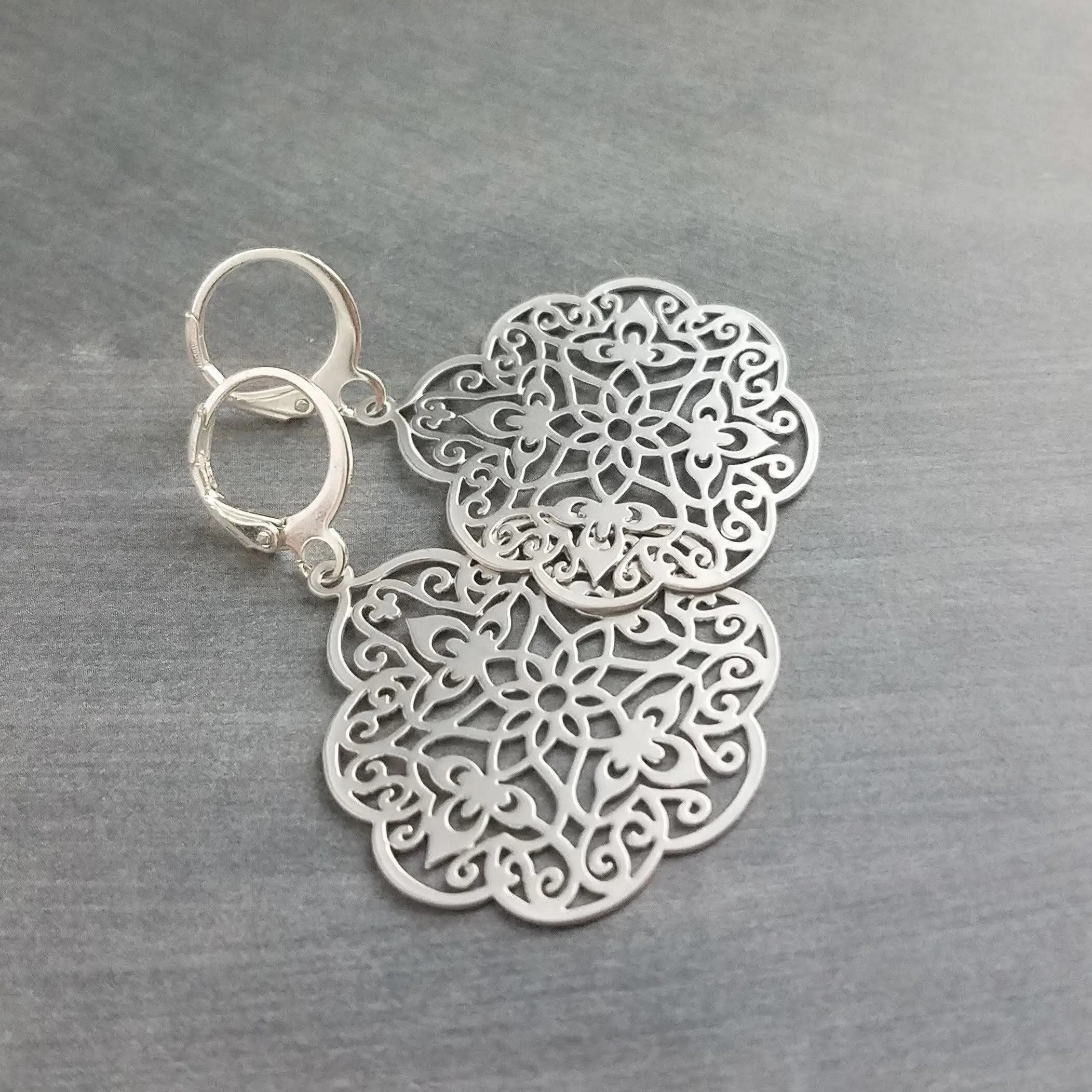Silver Medallion Earrings, Morrocan earring, silver lacy earring, silver filigree earring, floral earring, cut out design, snap huggie hoop