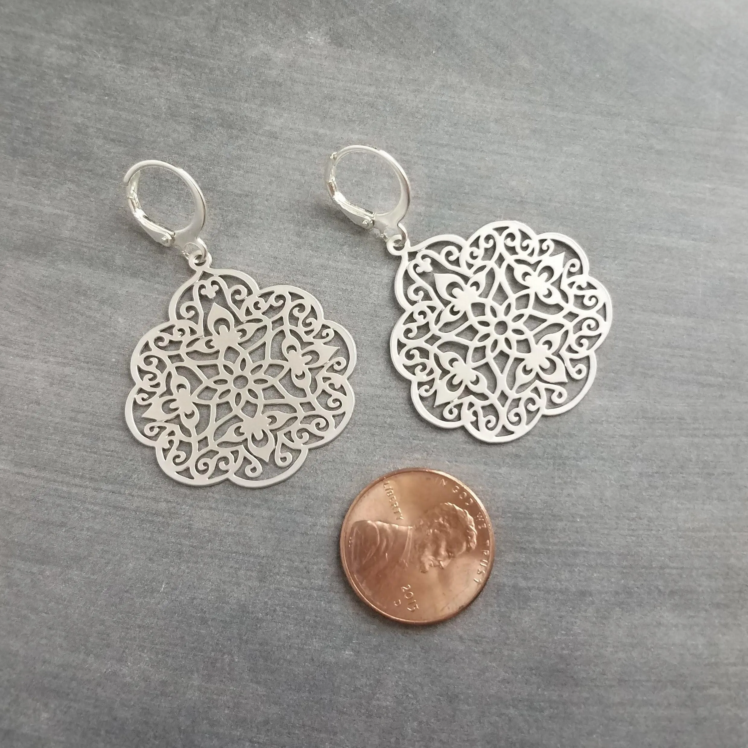 Silver Medallion Earrings, Morrocan earring, silver lacy earring, silver filigree earring, floral earring, cut out design, snap huggie hoop