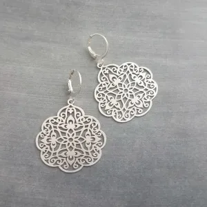 Silver Medallion Earrings, Morrocan earring, silver lacy earring, silver filigree earring, floral earring, cut out design, snap huggie hoop