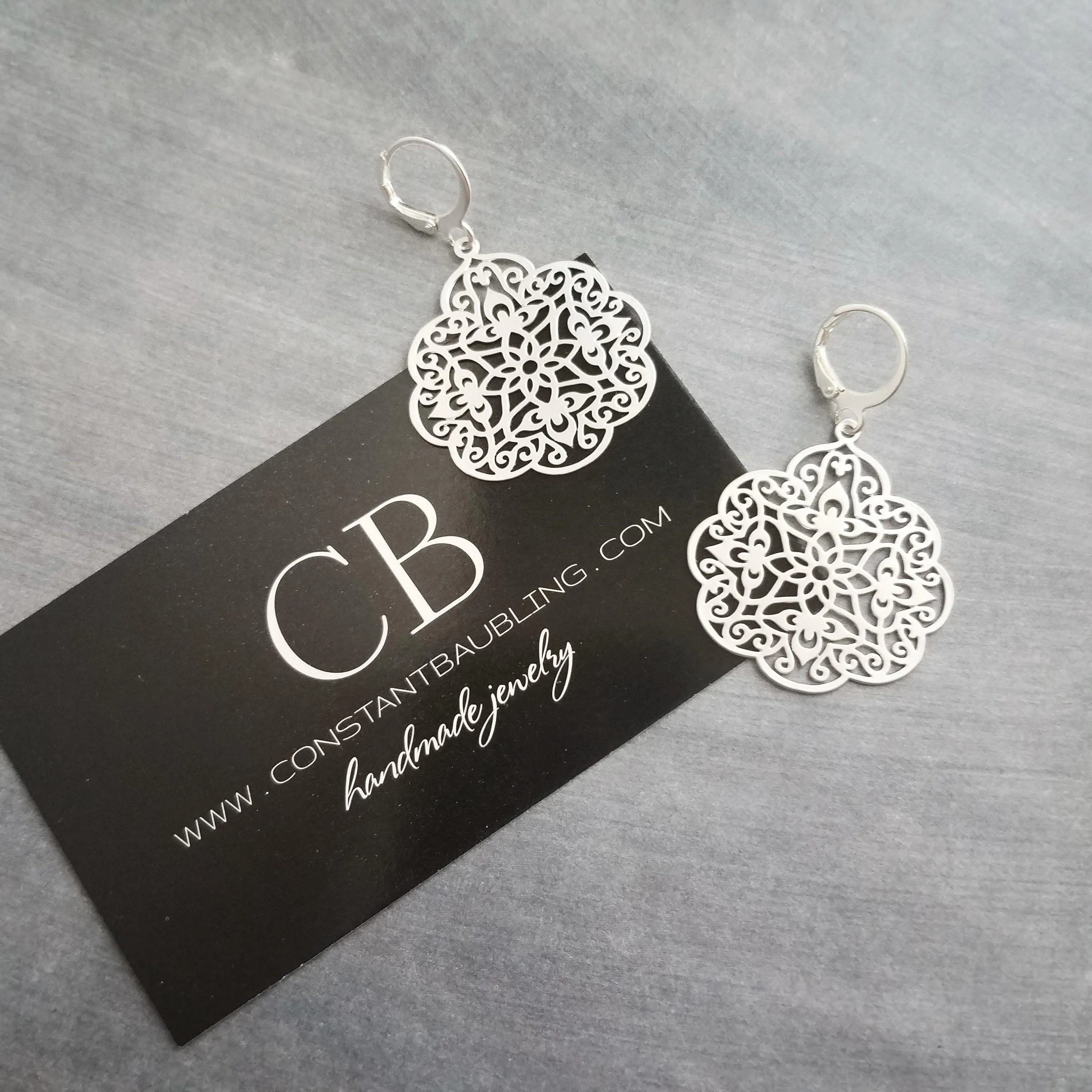 Silver Medallion Earrings, Morrocan earring, silver lacy earring, silver filigree earring, floral earring, cut out design, snap huggie hoop