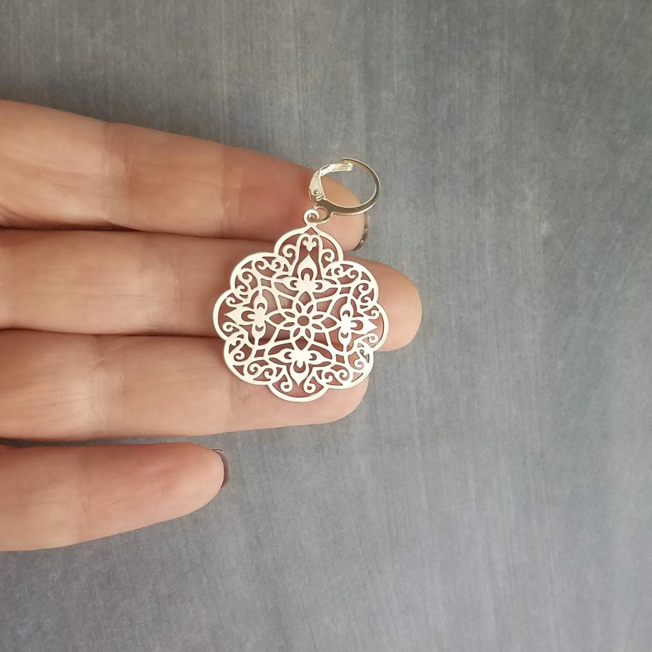 Silver Medallion Earrings, Morrocan earring, silver lacy earring, silver filigree earring, floral earring, cut out design, snap huggie hoop