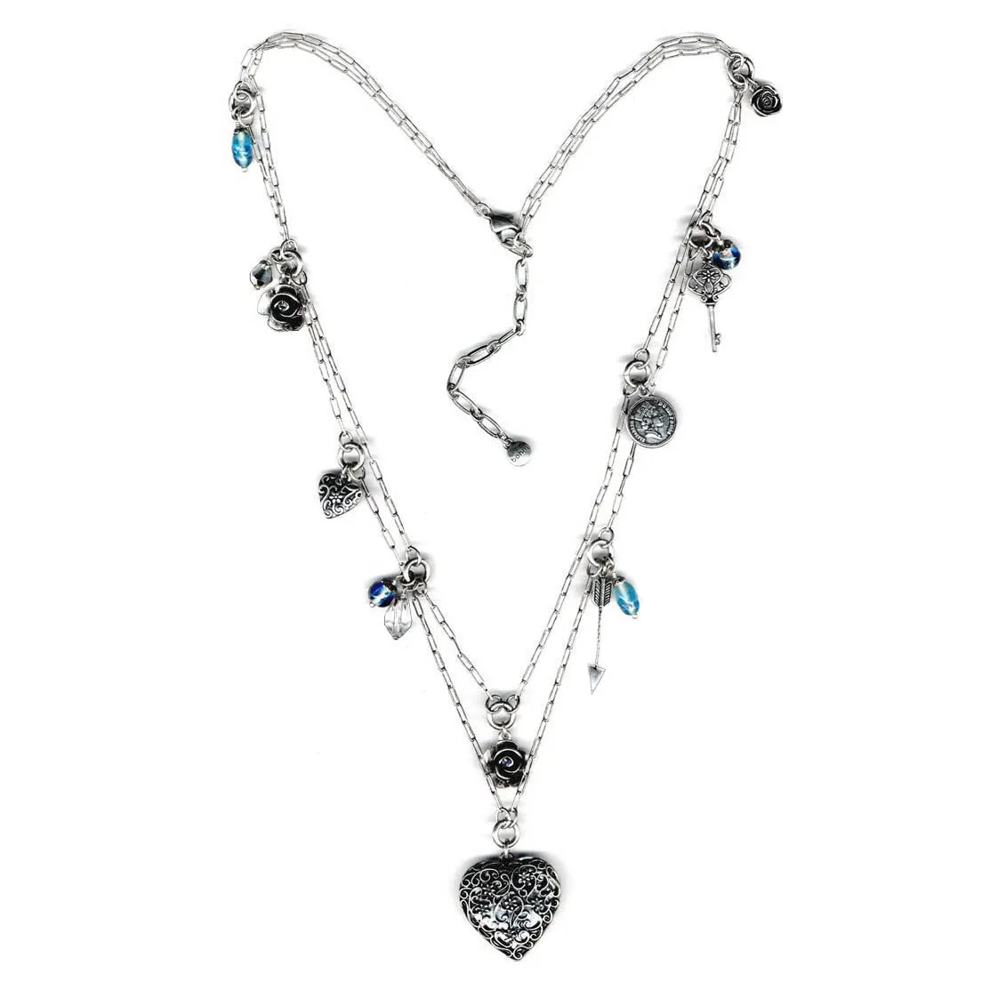 SILVER MIX CHARMS AND HEART LOCKET LAYERED  NECKLACES #211BL1401 (4F7)