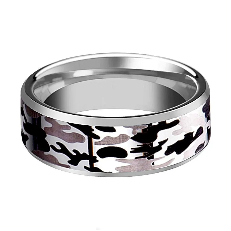Silver Polished Men's Tungsten Wedding Band W/ Black and Gray Camo Inlay and Bevels - 8MM