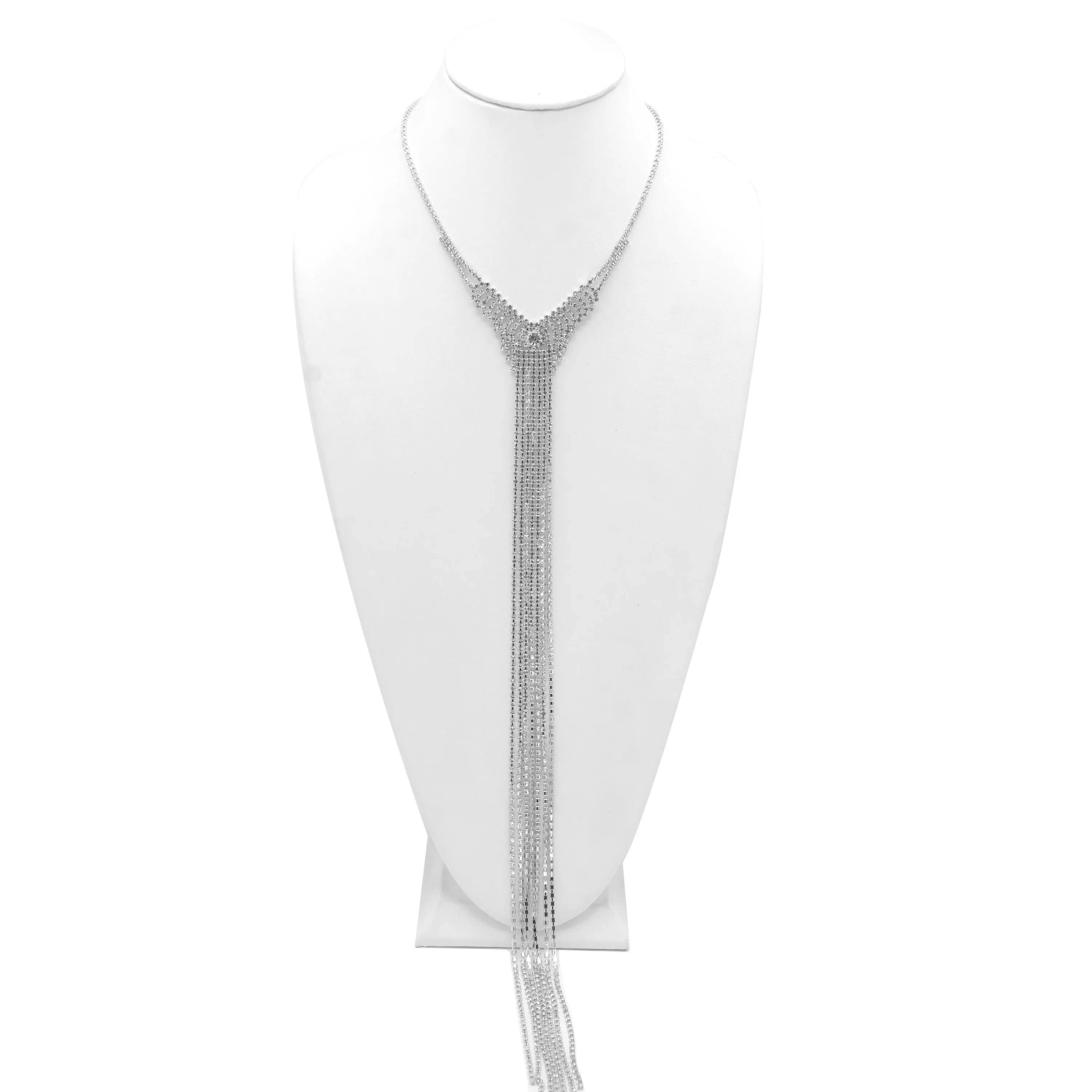 SILVER RHINESTONE MULTI LAYERED 48" INCH LONG TASSEL NECKLACE#SQXX9122603S (KB9)