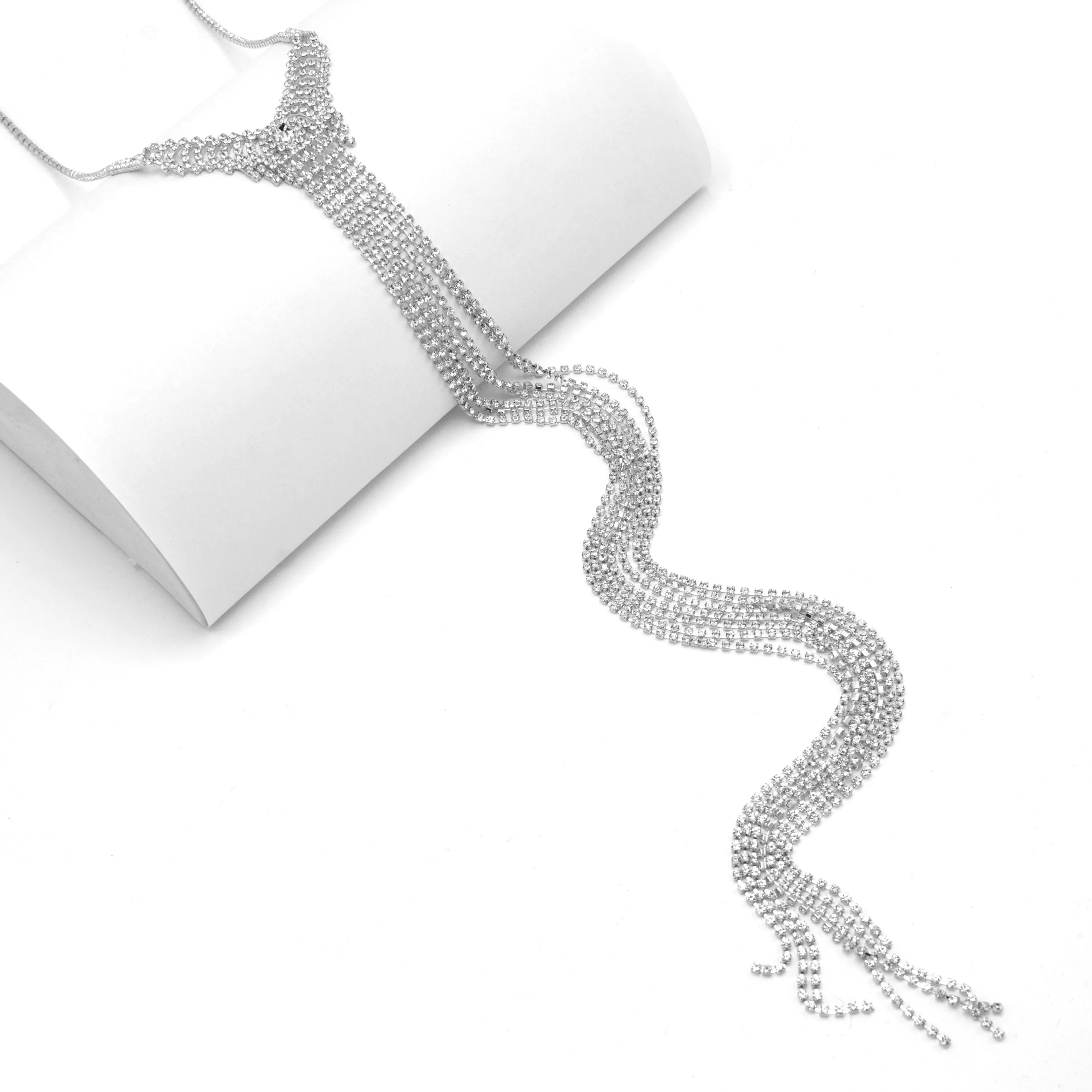 SILVER RHINESTONE MULTI LAYERED 48" INCH LONG TASSEL NECKLACE#SQXX9122603S (KB9)
