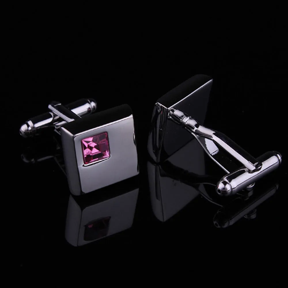 Silver Small Pink Mens Stainless Steel Square Cufflinks for Shirt with Box - Hand Crafted Perfect