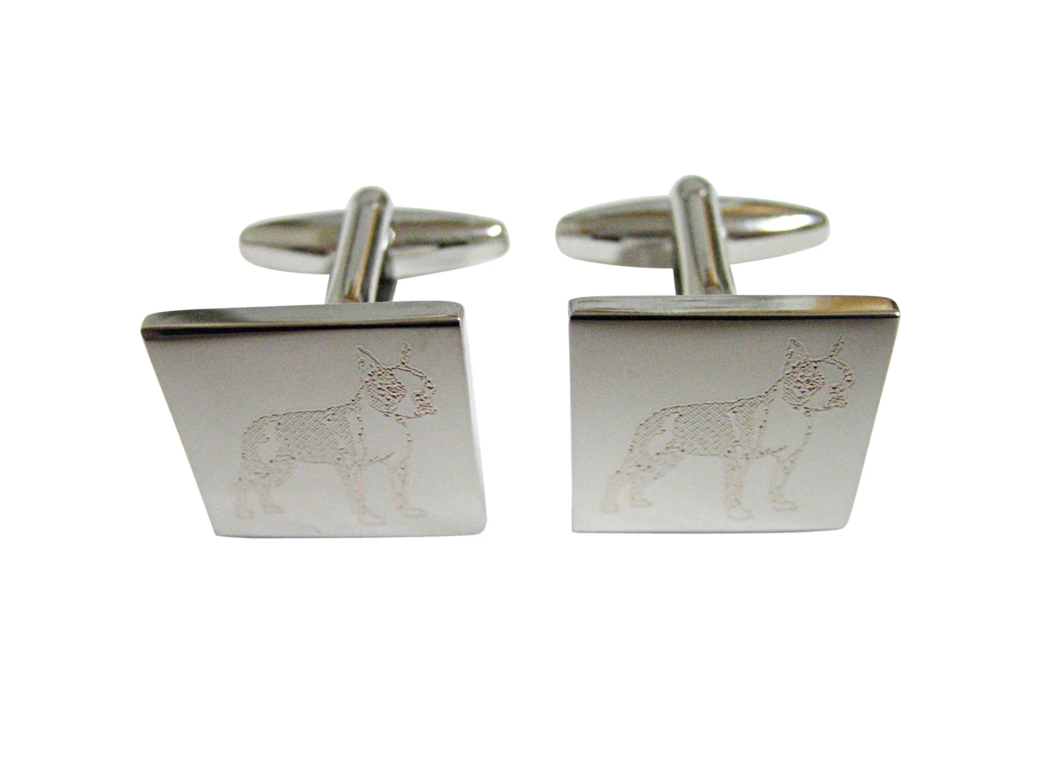 Silver Toned Etched Boston Terrier Dog Cufflinks