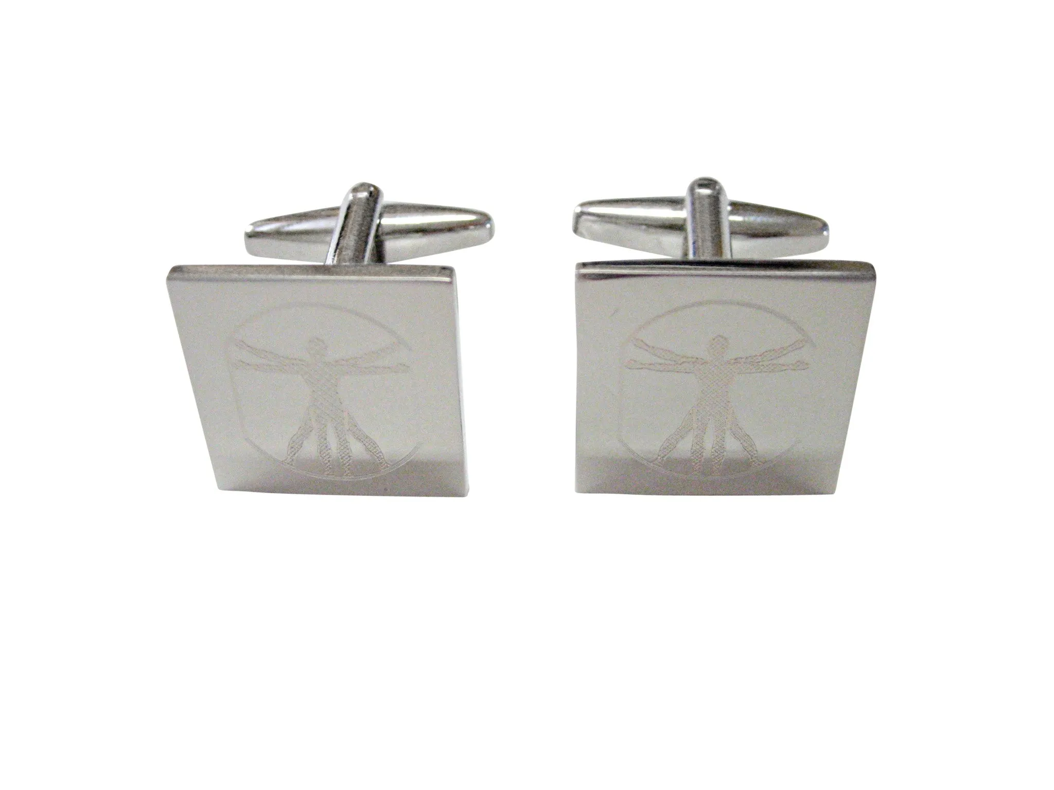 Silver Toned Etched Leonardo Da Vinci Vitruvian Man Cufflinks