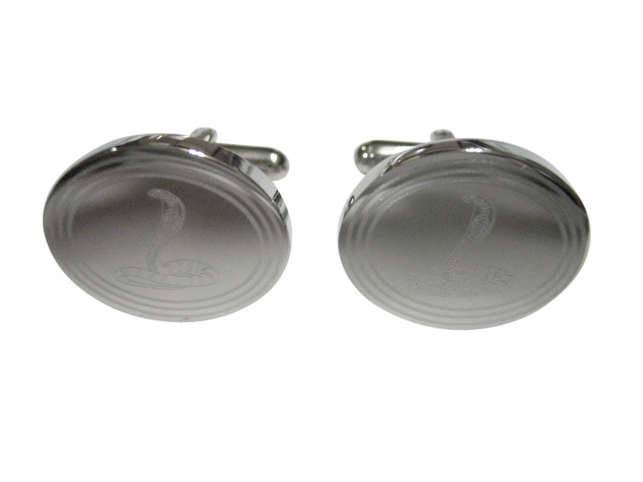 Silver Toned Etched Oval Cobra Snake Cufflinks