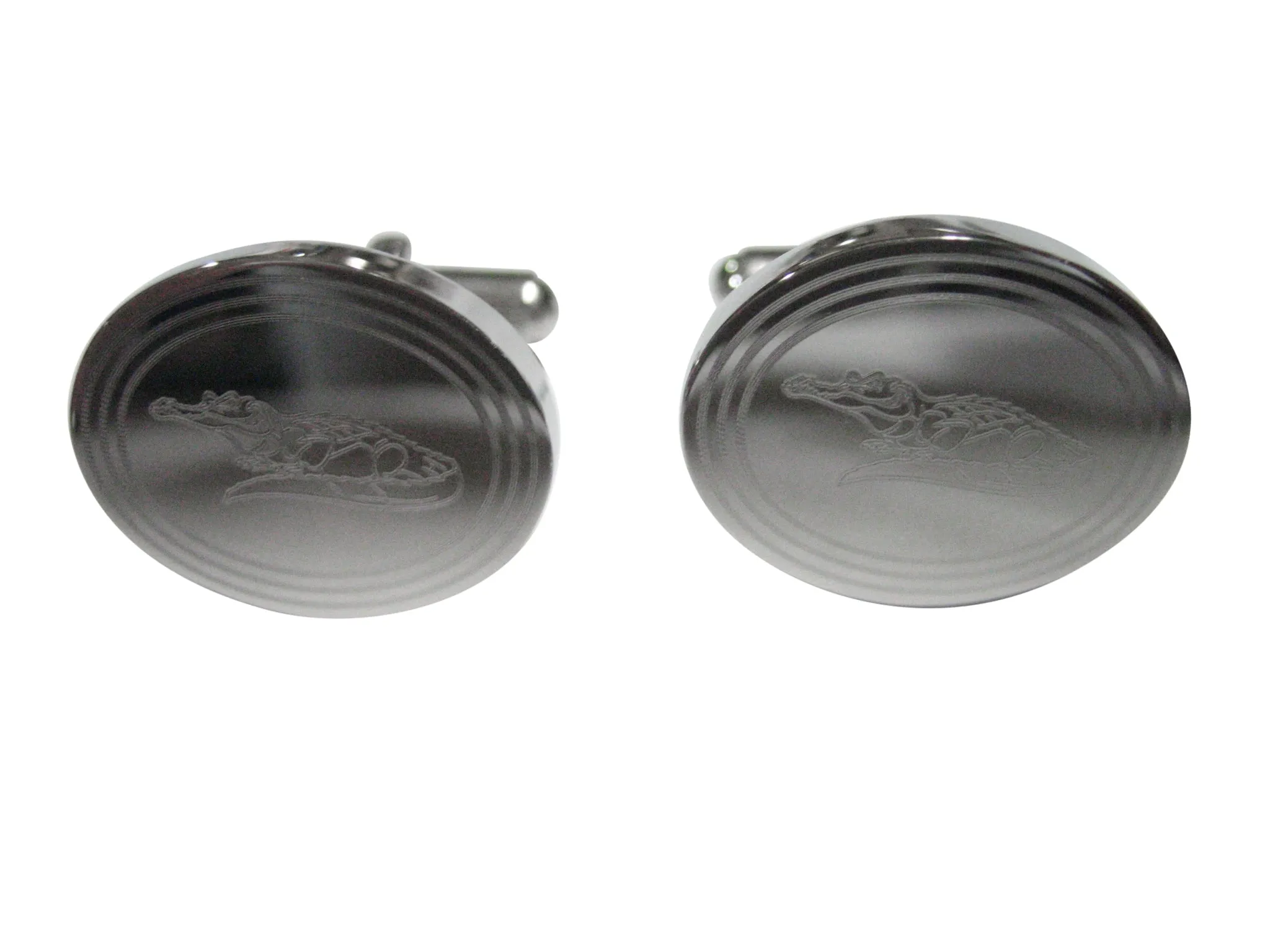 Silver Toned Etched Oval Detailed Alligator Cufflinks