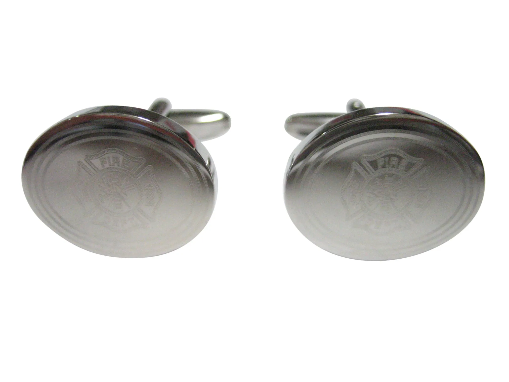 Silver Toned Etched Oval Fire Fighter Emblem Cufflinks