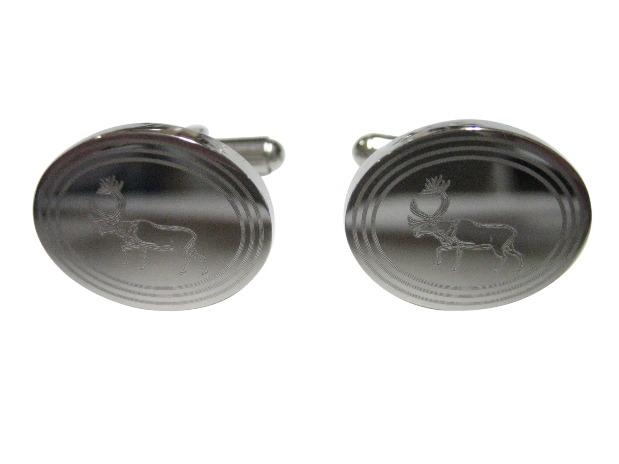 Silver Toned Etched Oval Left Facing Moose Cufflinks