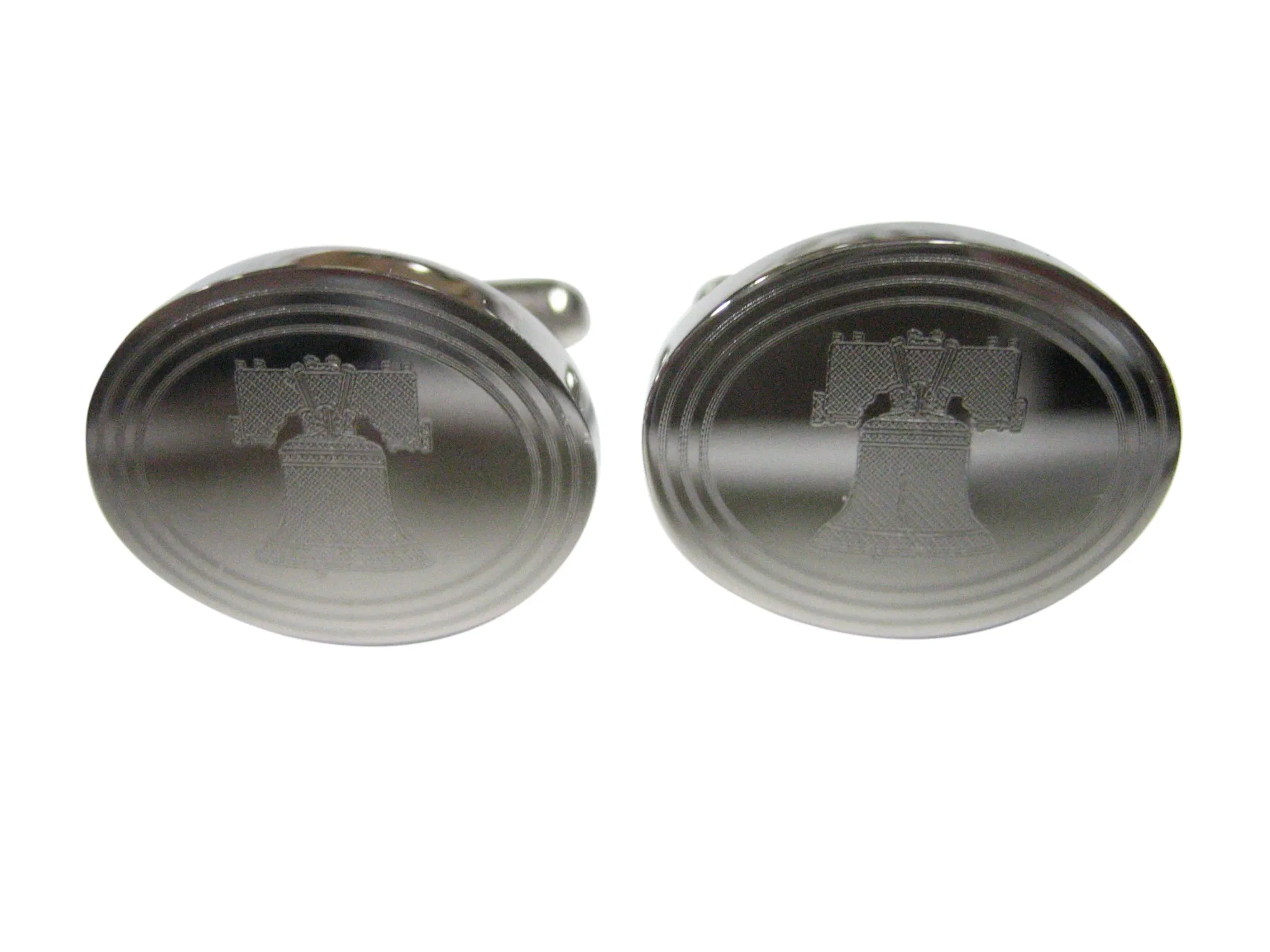 Silver Toned Etched Oval Liberty Bell Cufflinks