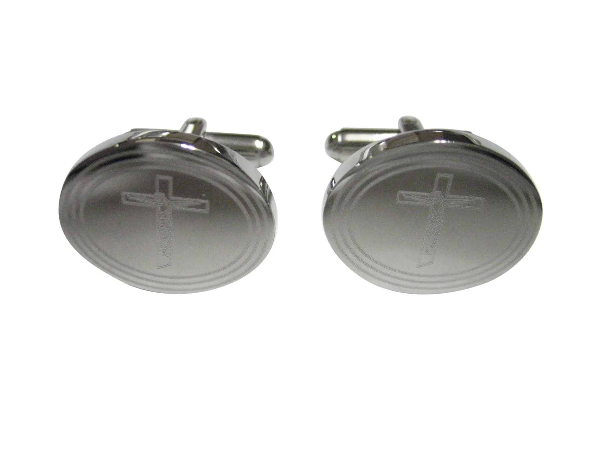 Silver Toned Etched Oval Religious Crucifix Cross Cufflinks